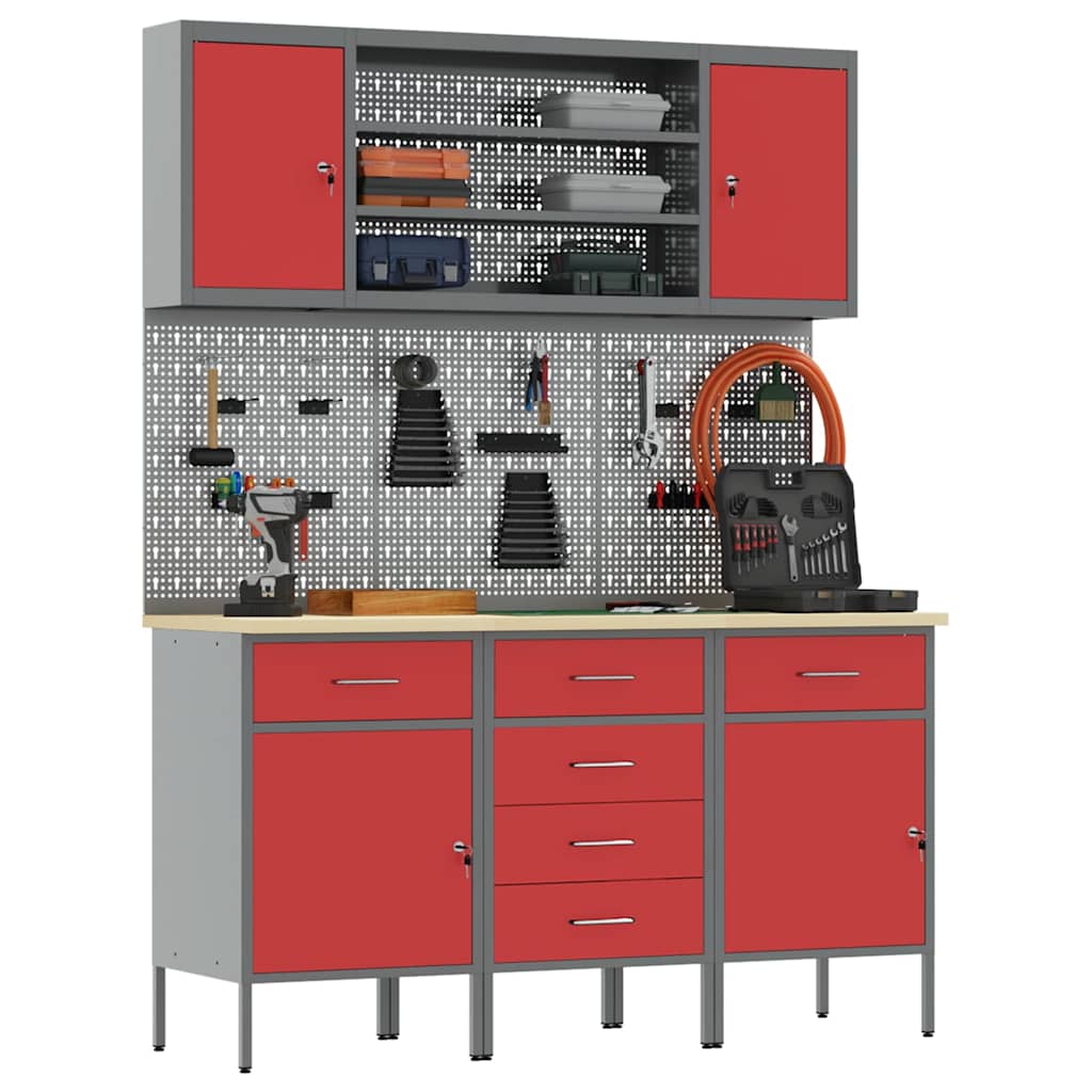 Werkbank mit Schubladen 7 stk. Rot Ingenieure Holz und Stahl