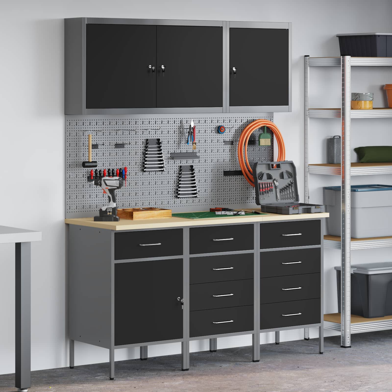 Werkbank 8 Stk. Schwarz und Grau Ingenieure Holz und Stahl