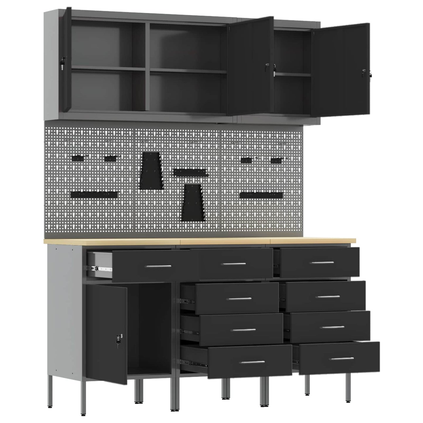 Werkbank 8 Stk. Schwarz und Grau Ingenieure Holz und Stahl
