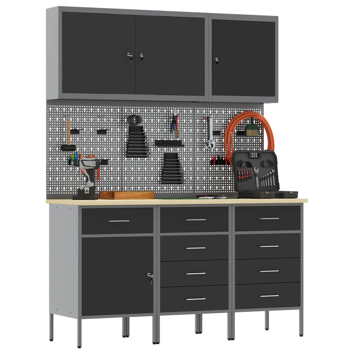 Werkbank 8 Stk. Schwarz und Grau Ingenieure Holz und Stahl