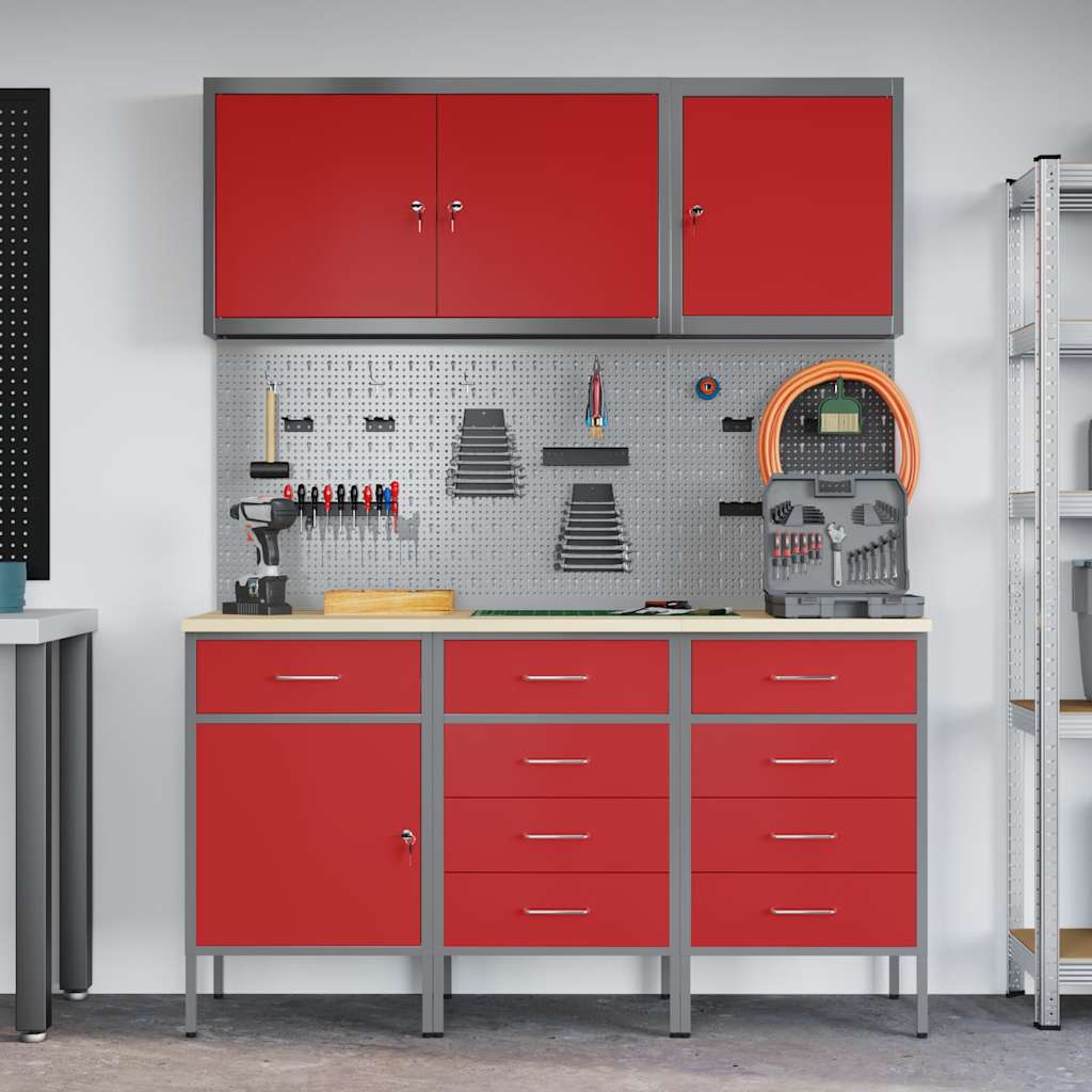 Werkbank 8 Stk. Rot und Grau Ingenieure Holz und Stahl