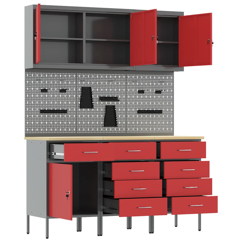 Werkbank 8 Stk. Rot und Grau Ingenieure Holz und Stahl