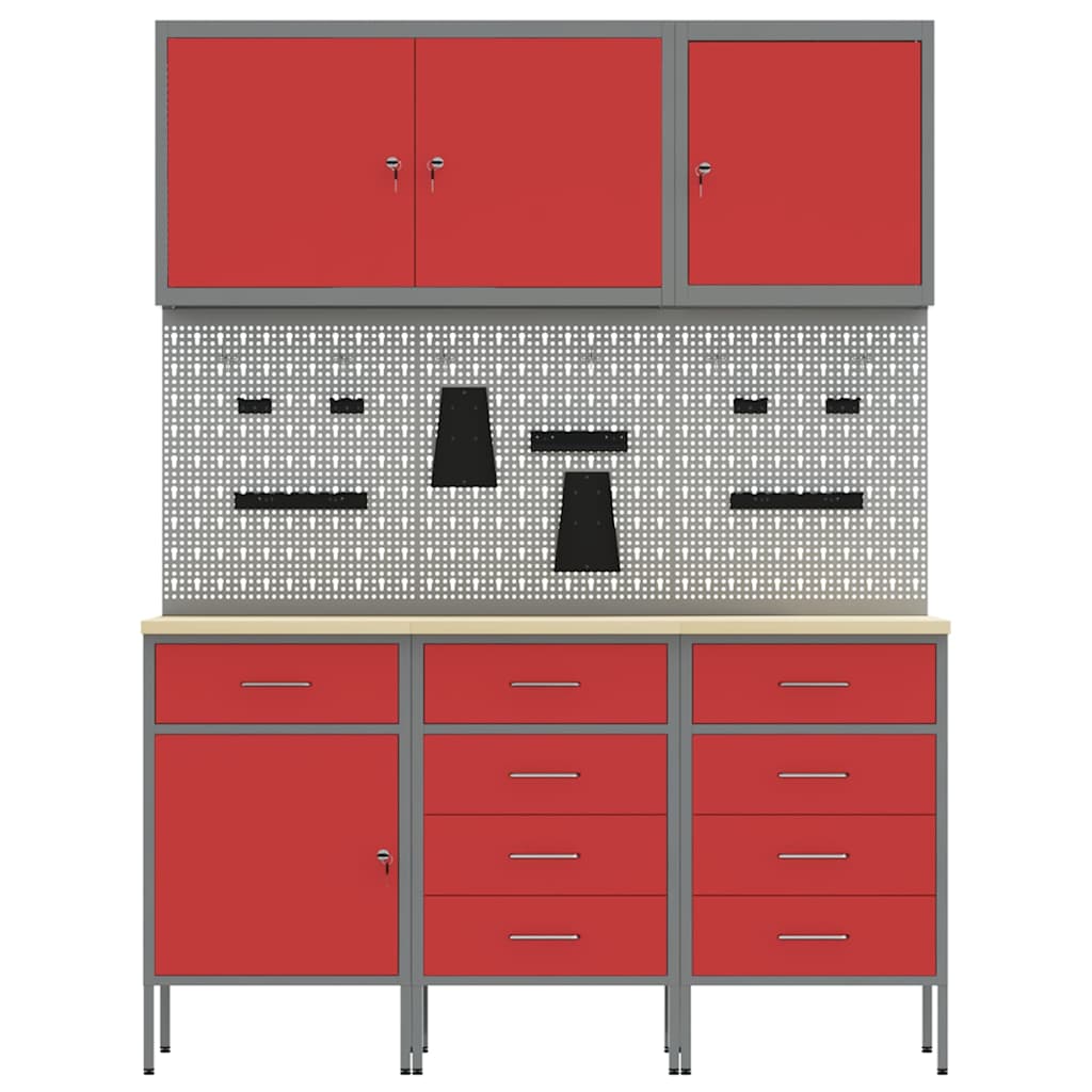Werkbank 8 Stk. Rot und Grau Ingenieure Holz und Stahl