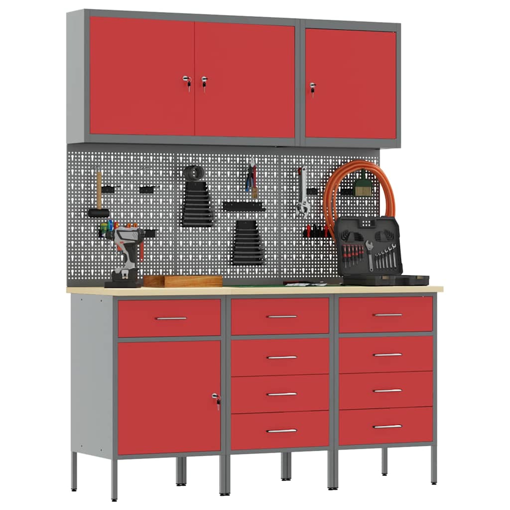 Werkbank 8 Stk. Rot und Grau Ingenieure Holz und Stahl
