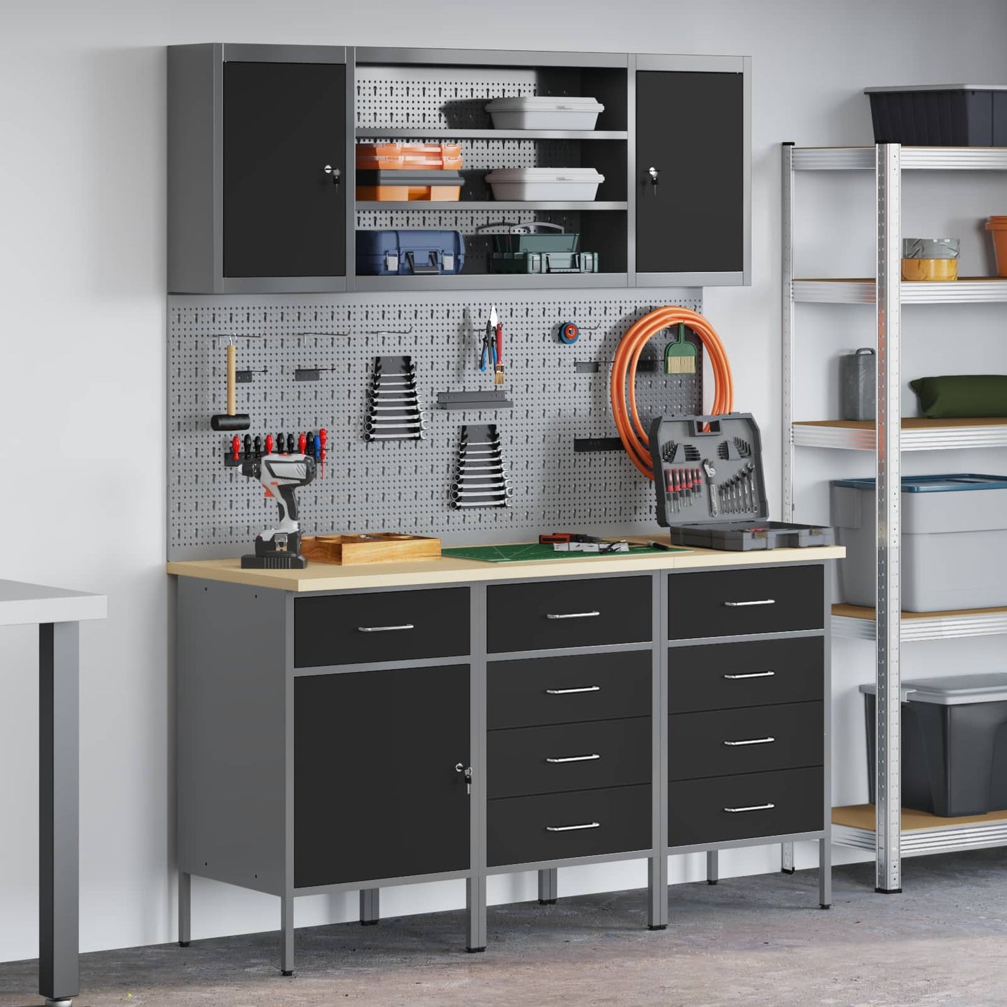Werkbank 7 Stk. Schwarz und Grau Ingenieure Holz und Stahl