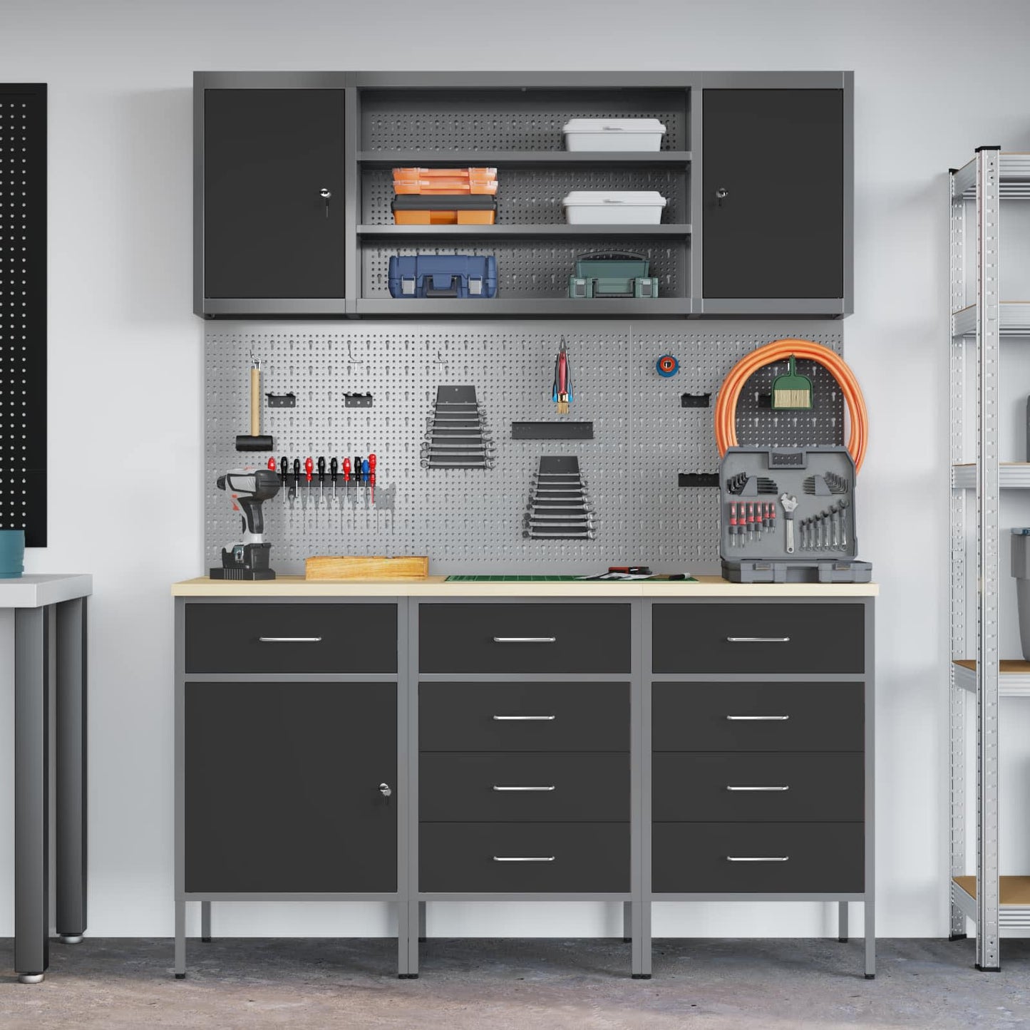 Werkbank 7 Stk. Schwarz und Grau Ingenieure Holz und Stahl