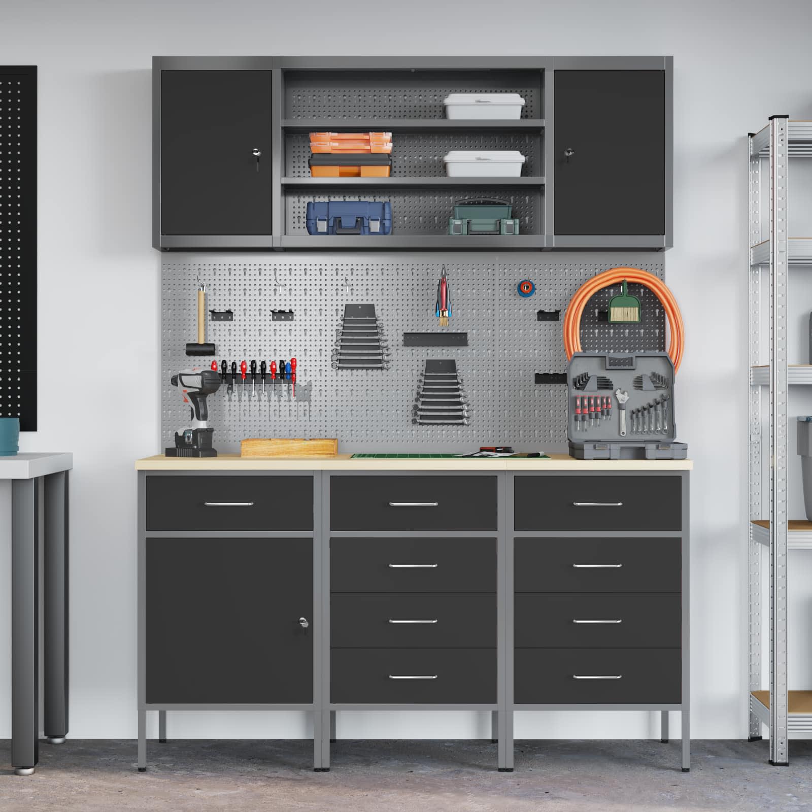 Werkbank 7 Stk. Schwarz und Grau Ingenieure Holz und Stahl