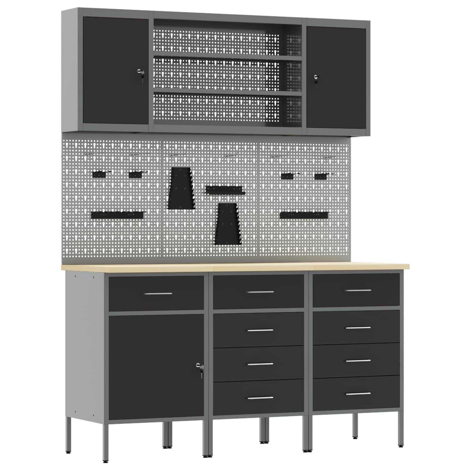Werkbank 7 Stk. Schwarz und Grau Ingenieure Holz und Stahl