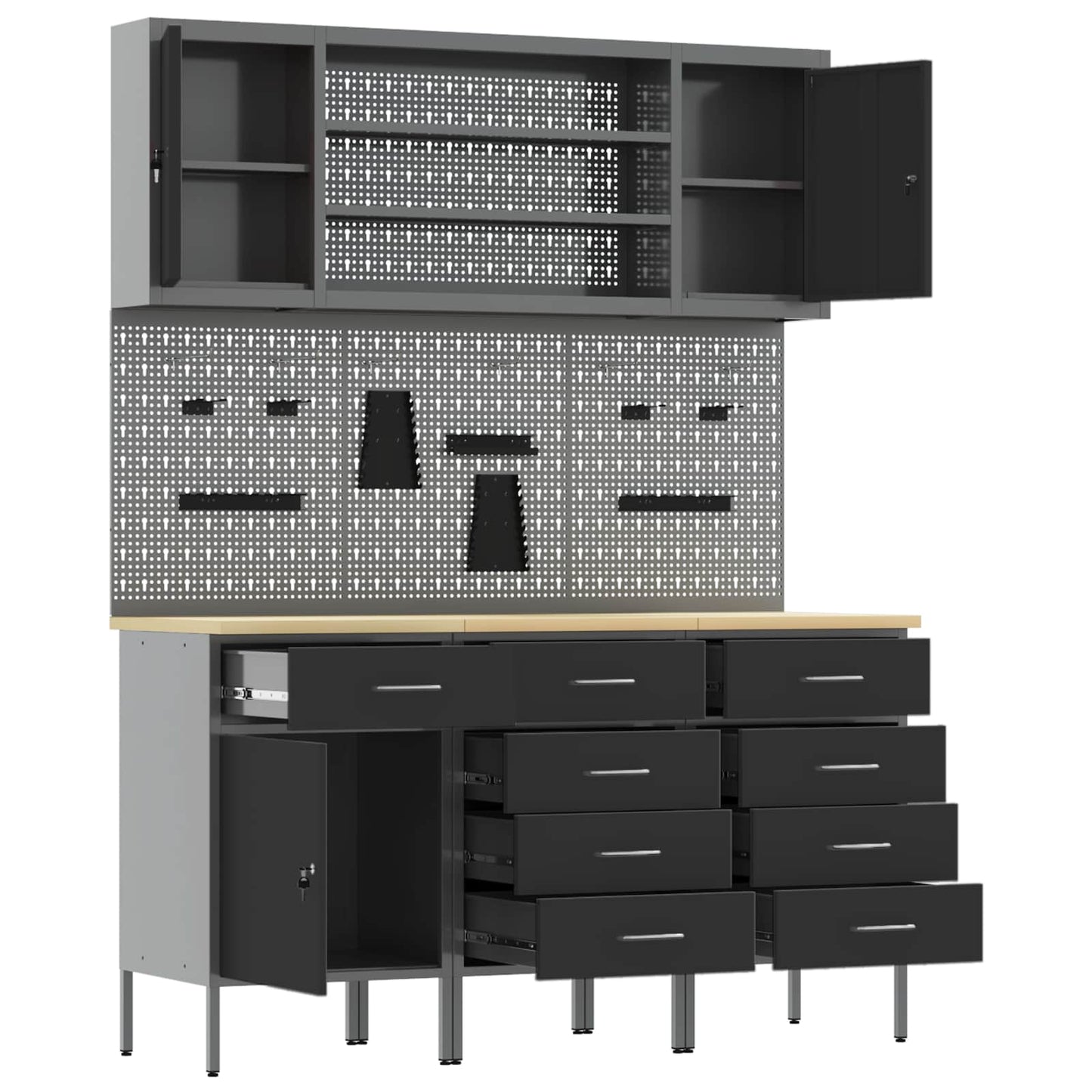 Werkbank 7 Stk. Schwarz und Grau Ingenieure Holz und Stahl