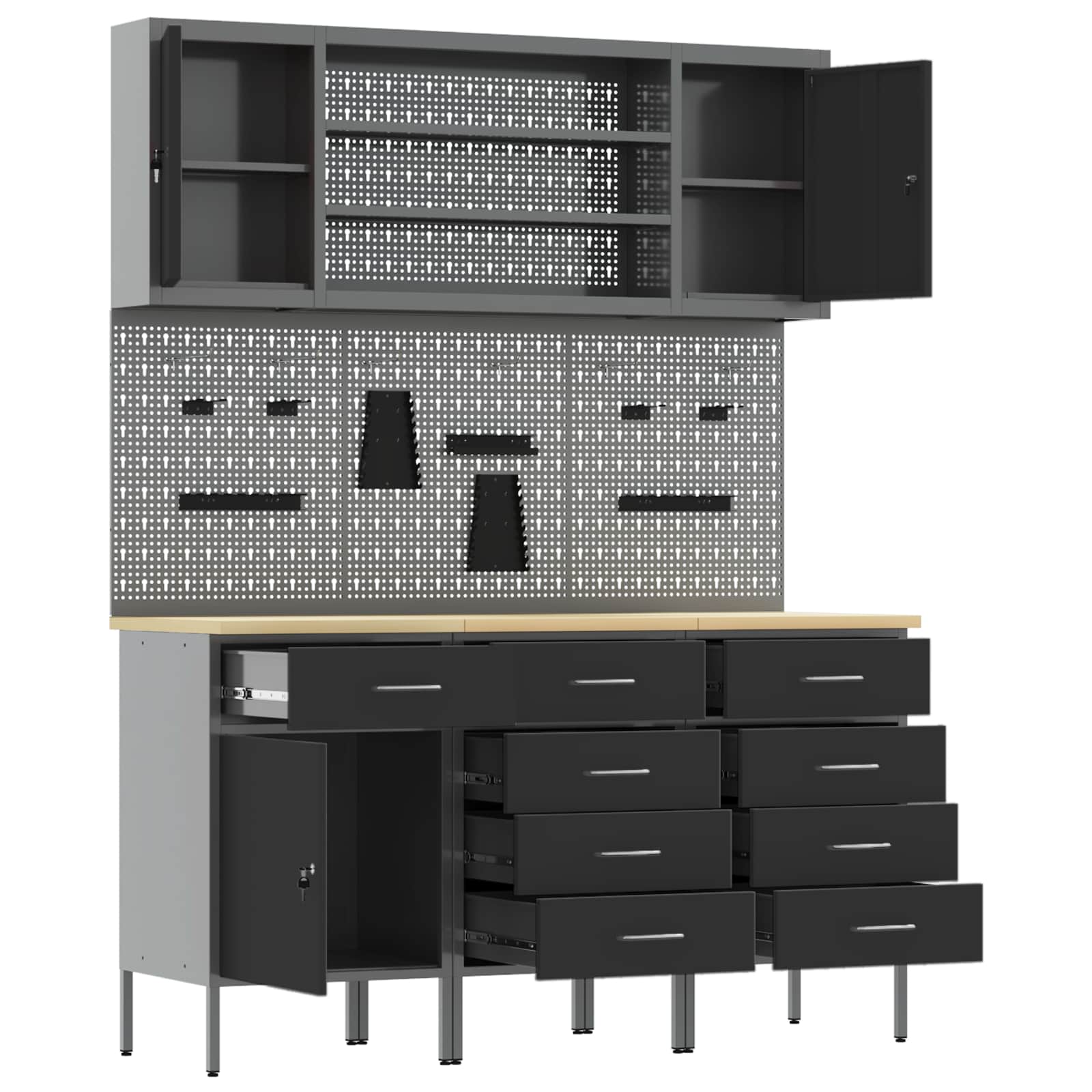 Werkbank 7 Stk. Schwarz und Grau Ingenieure Holz und Stahl