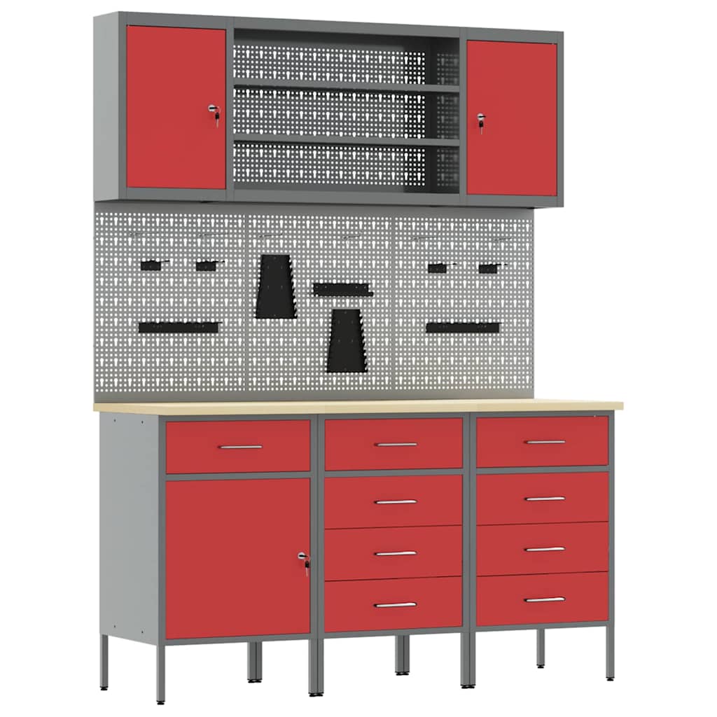 Werkbank mit Schubladen 7 stk. Rot Ingenieure Holz und Stahl