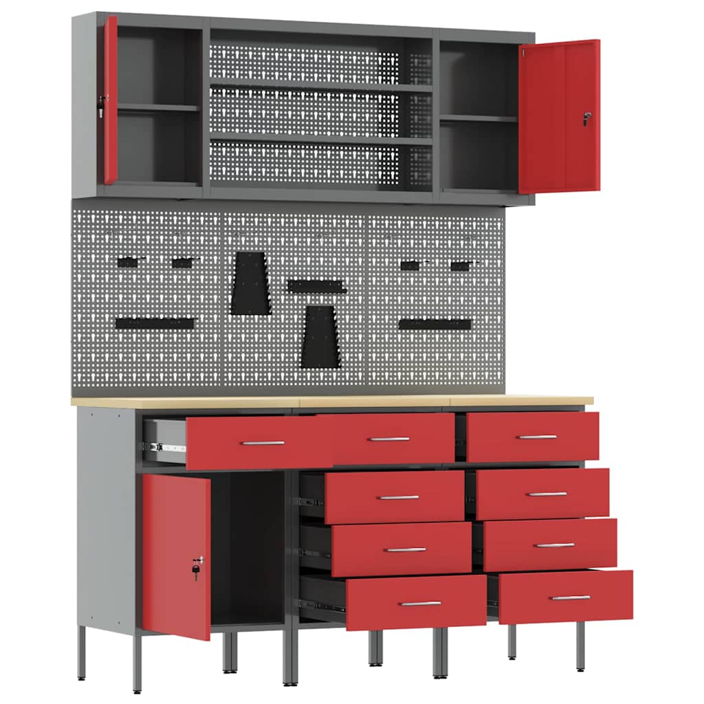 Werkbank mit Schubladen 7 stk. Rot Ingenieure Holz und Stahl