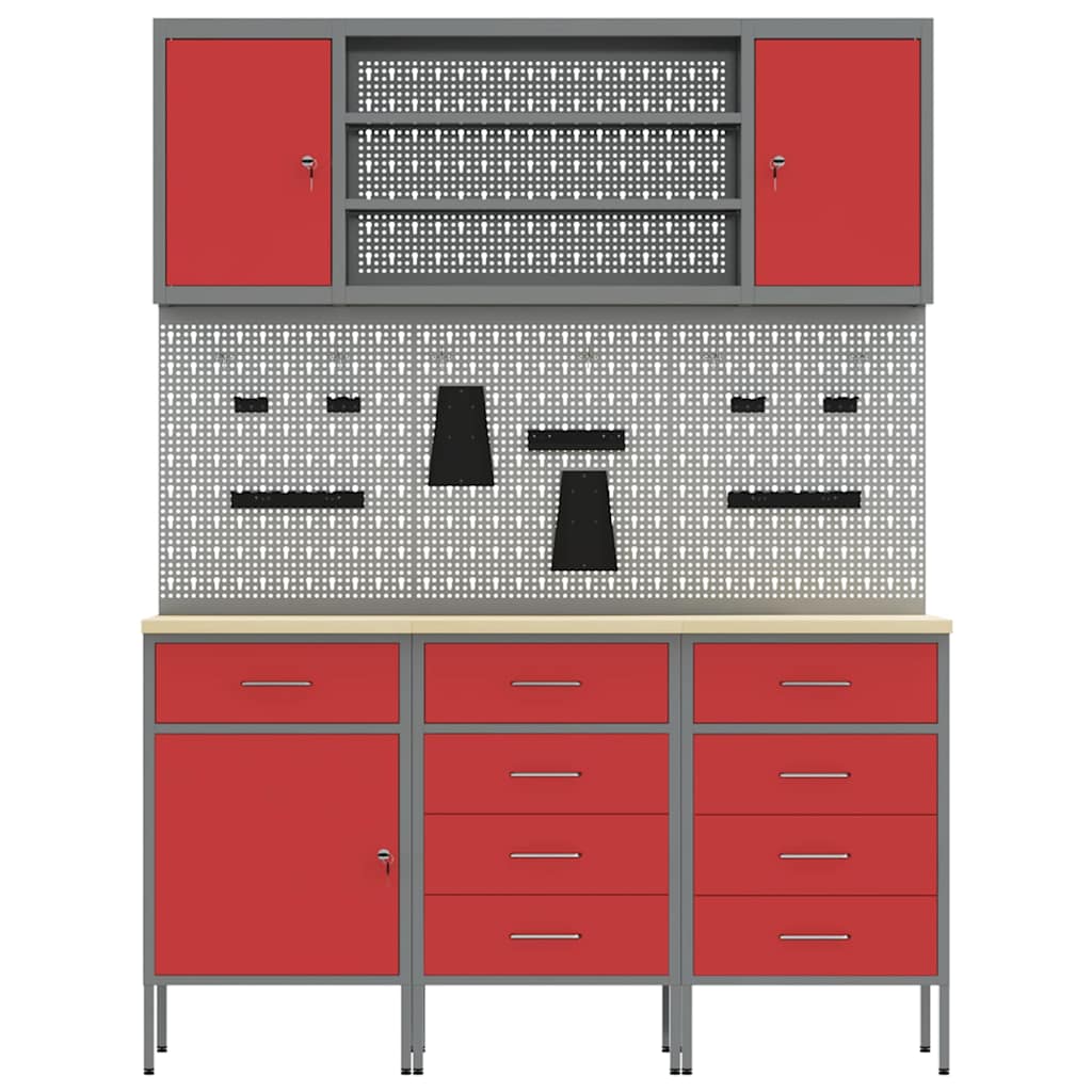 Werkbank mit Schubladen 7 stk. Rot Ingenieure Holz und Stahl