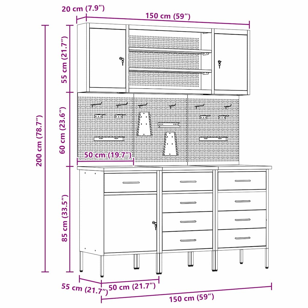 Werkbank mit Schubladen 7 stk. Rot Ingenieure Holz und Stahl