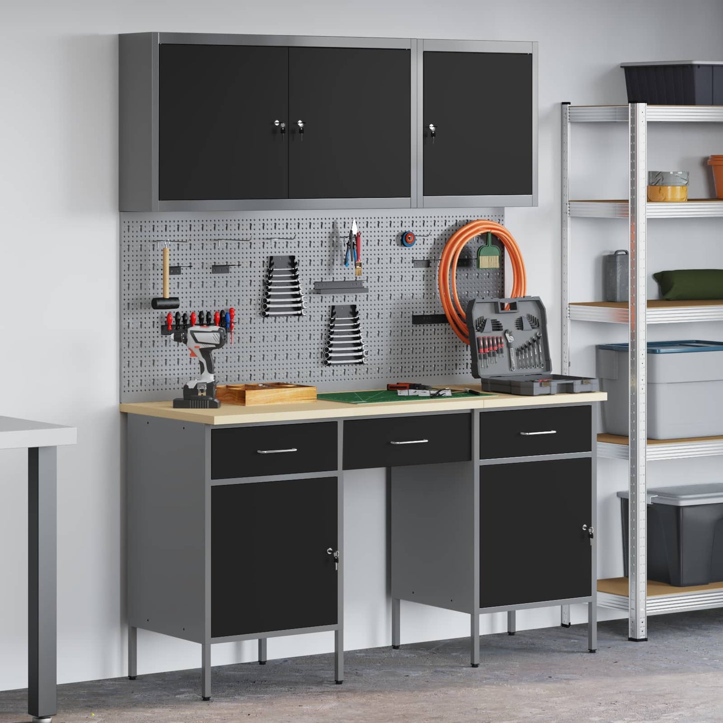 Werkbank mit Speicher 10 stk. Schwarz Ingenieure Holz und Stahl