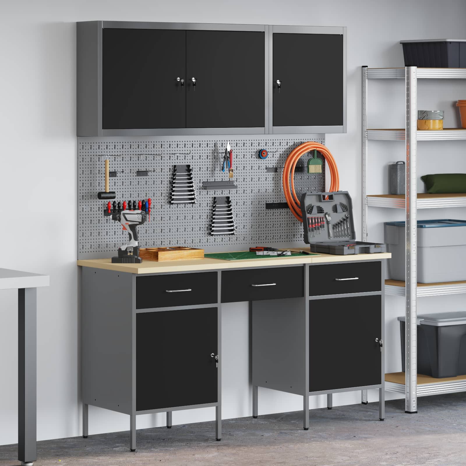 Werkbank mit Speicher 10 stk. Schwarz Ingenieure Holz und Stahl