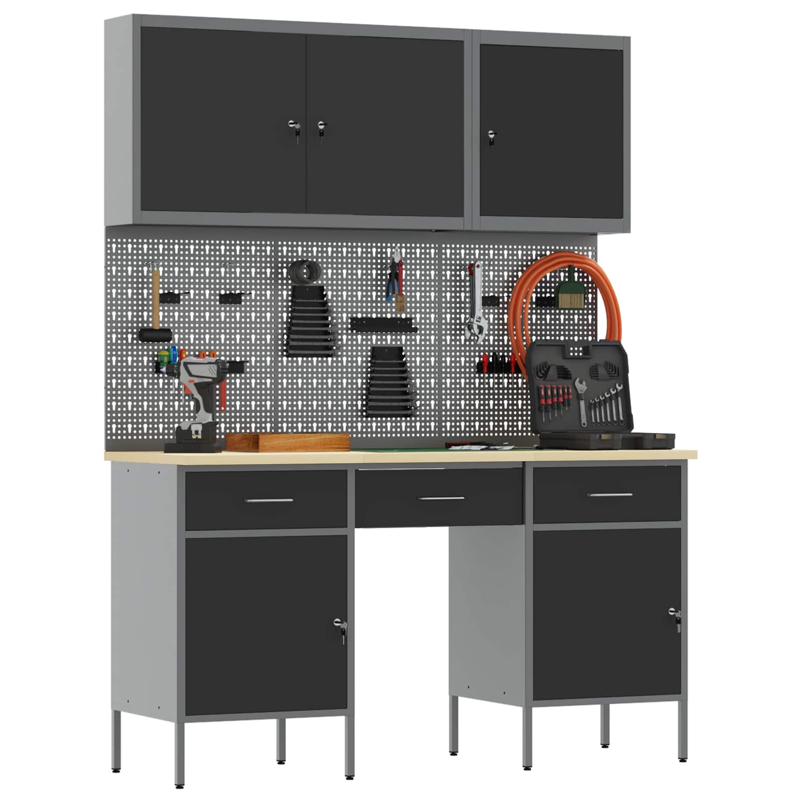 Werkbank mit Speicher 10 stk. Schwarz Ingenieure Holz und Stahl