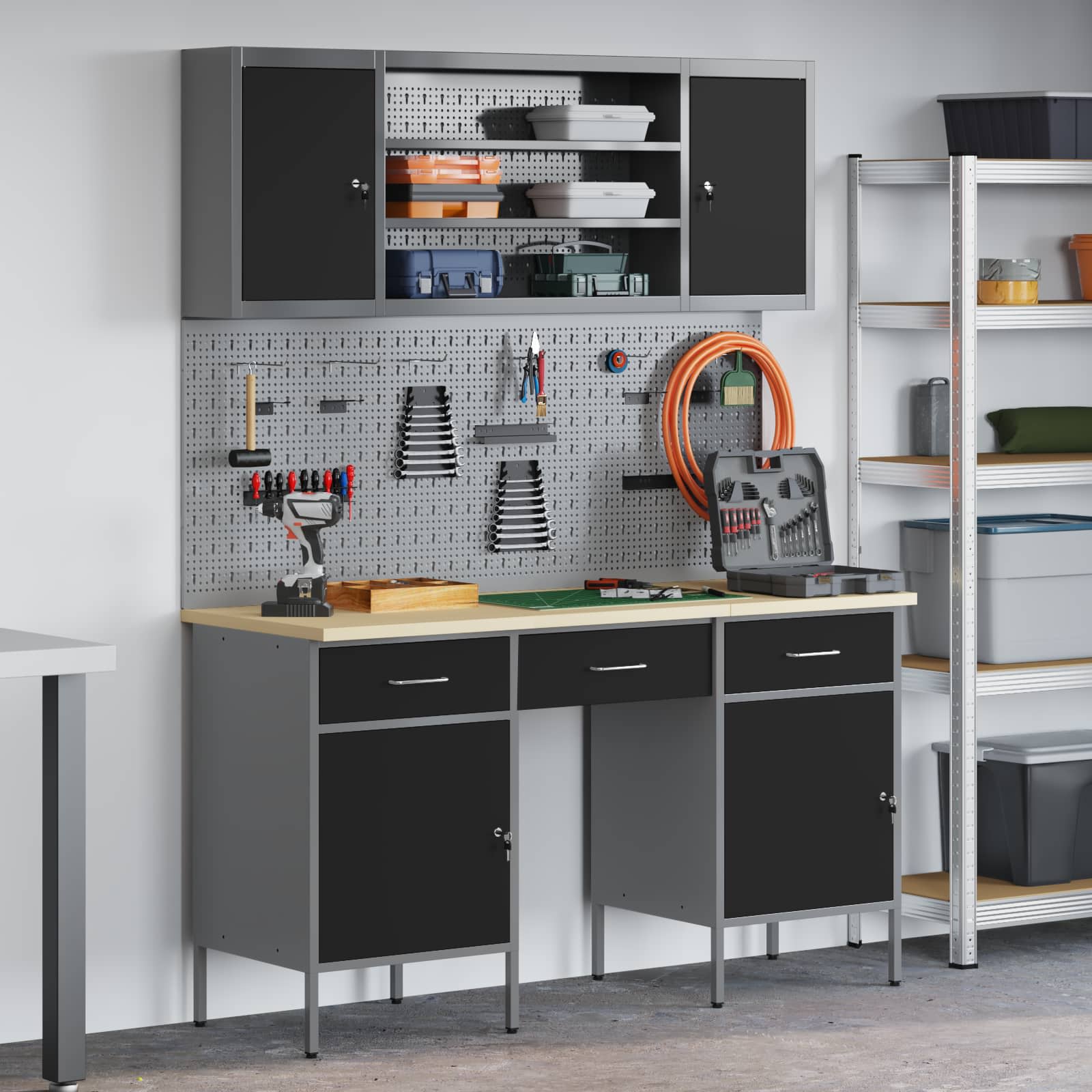 Werkbank mit Speicher 10 stk. Schwarz Ingenieure Holz und Stahl