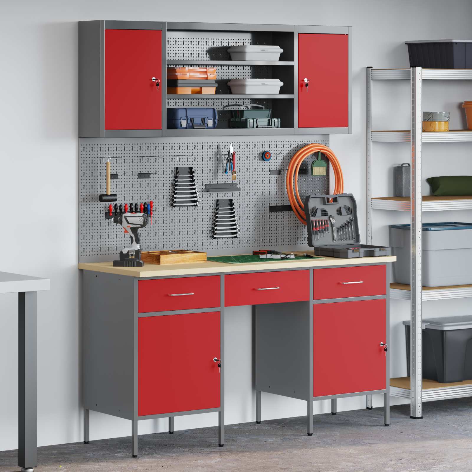 Werkbank 7 stk. Rot und Grau Ingenieure Holz und Stahl