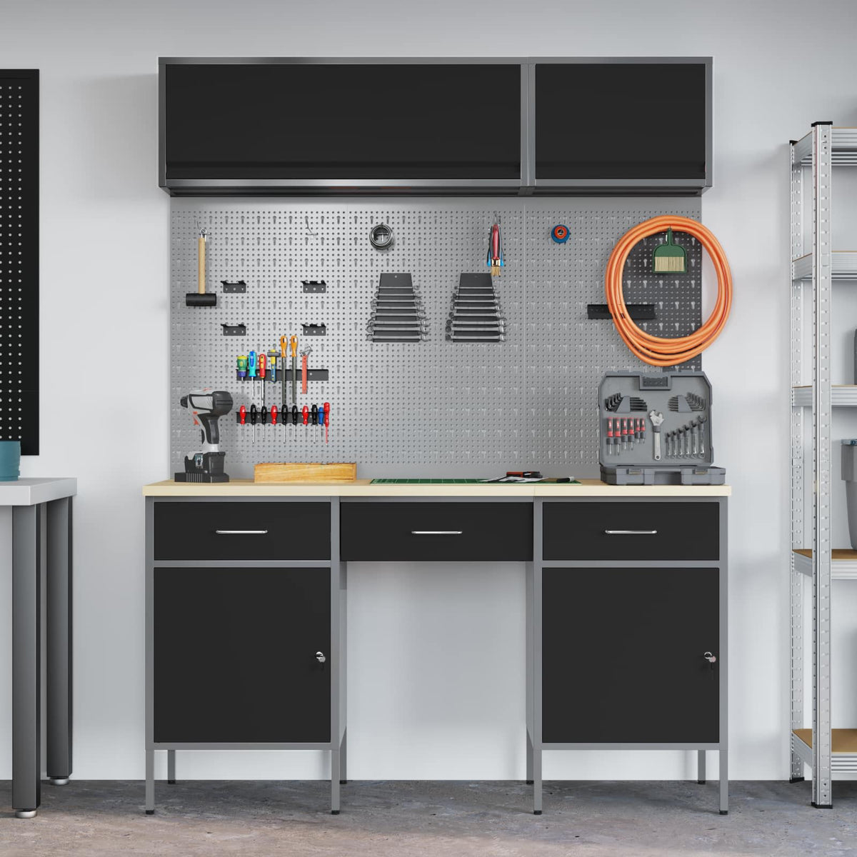 Arbeitsschrankset mit Schubladen mit Regal 8 stk. Schwarz
