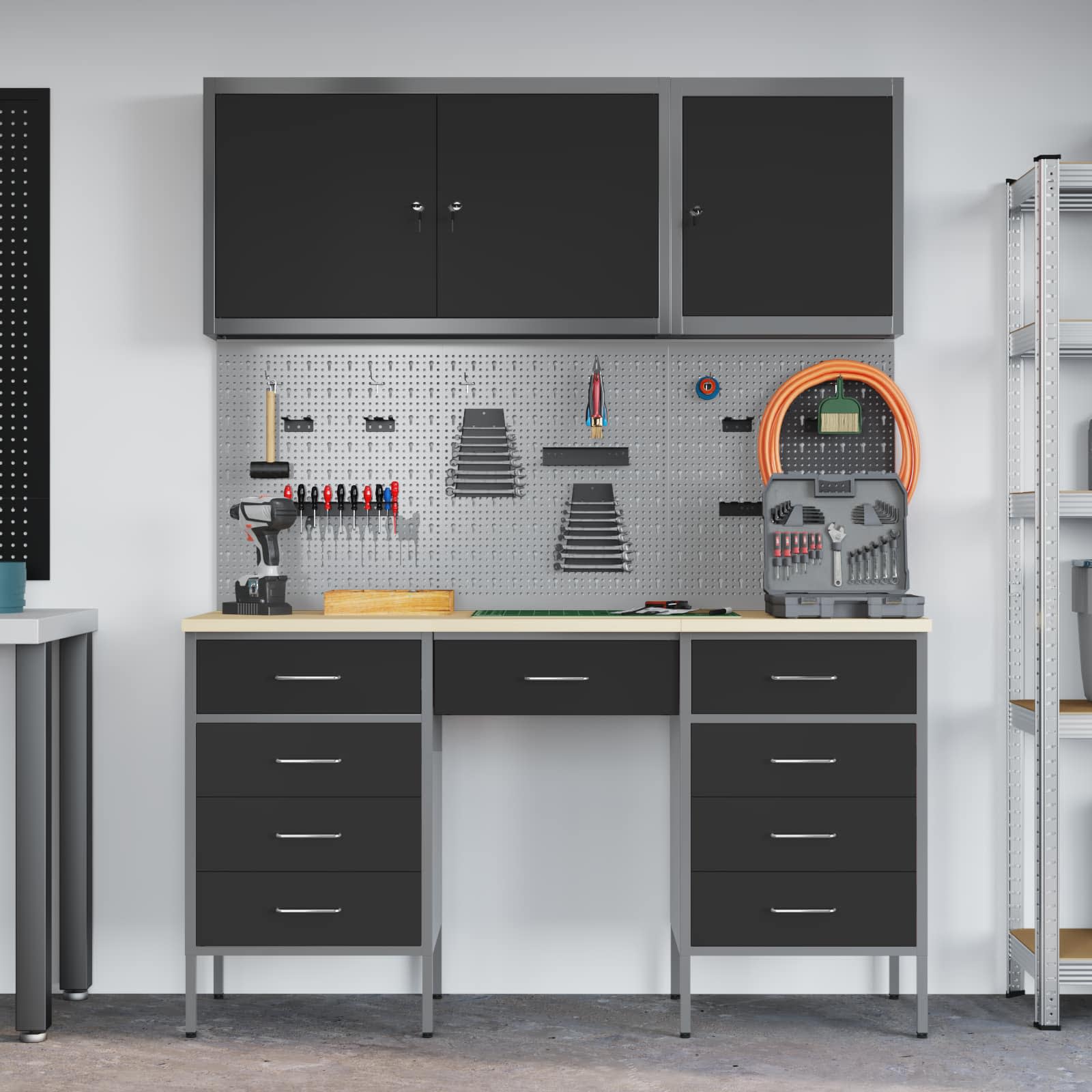 Werkbank mit Speicher 8 stk. Schwarz Ingenieure Holz und Stahl