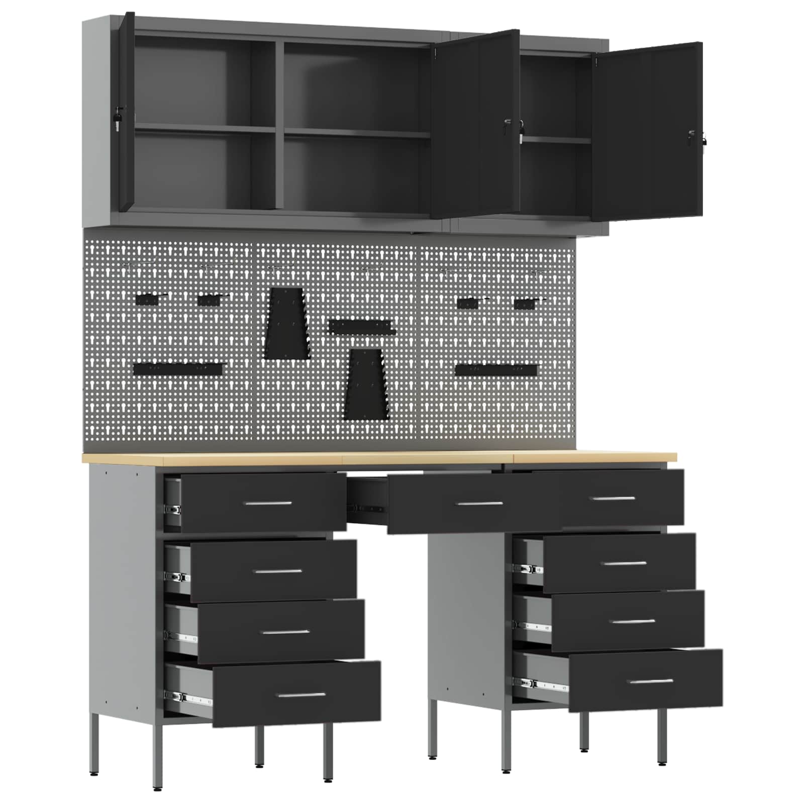 Werkbank mit Speicher 8 stk. Schwarz Ingenieure Holz und Stahl