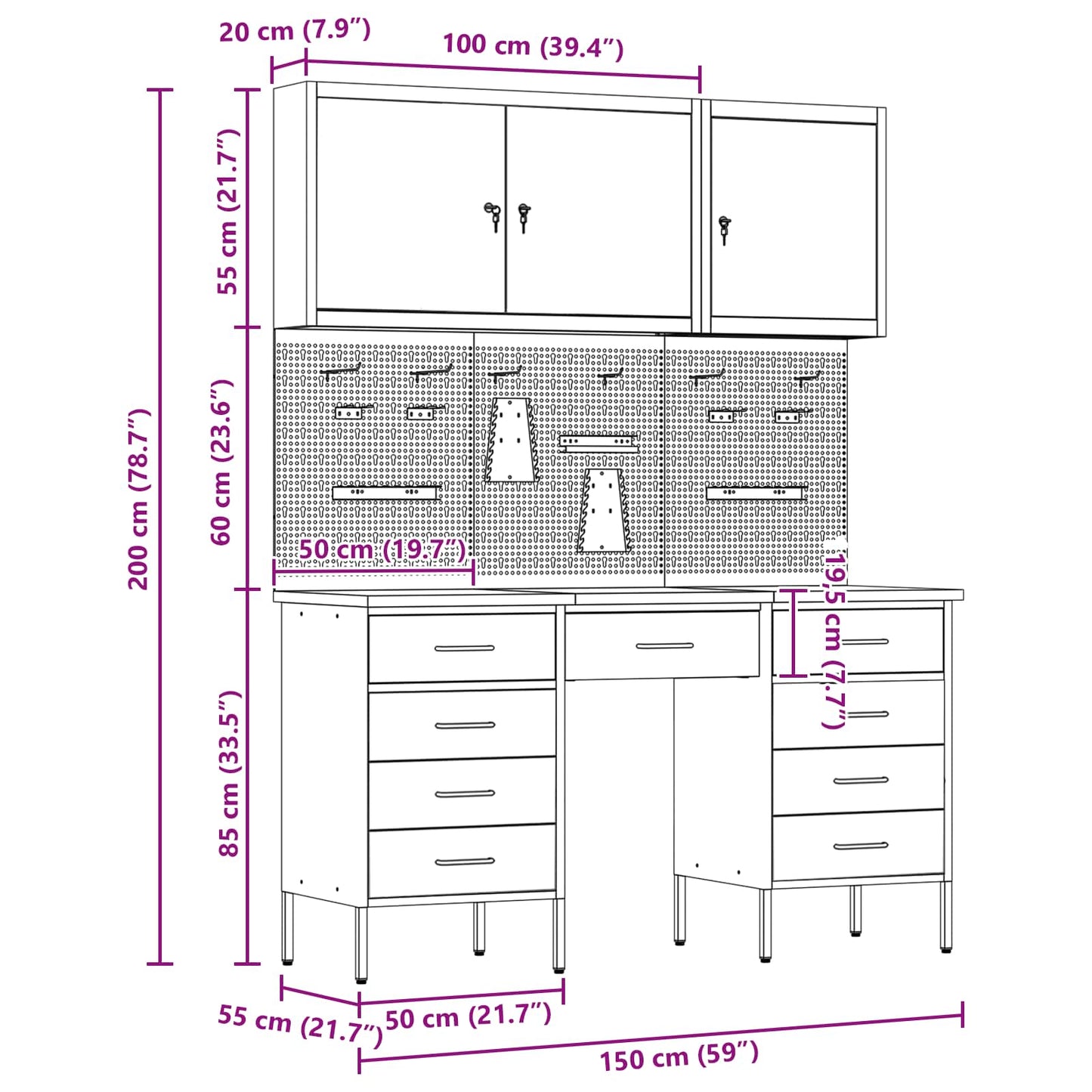 Werkbank mit Speicher 8 stk. Schwarz Ingenieure Holz und Stahl