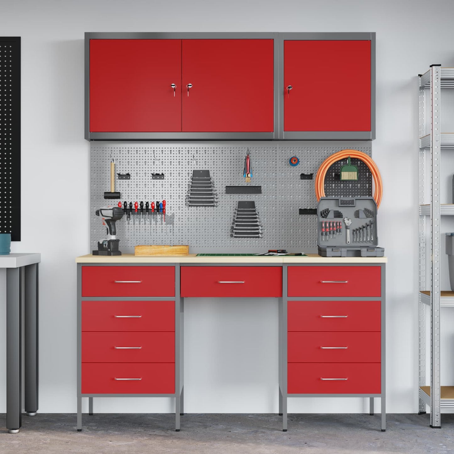 Werkbank 8 Stk. Rot und Grau Ingenieure Holz und Stahl