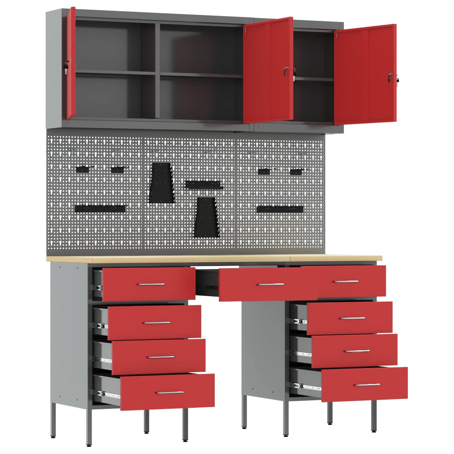 Werkbank 8 Stk. Rot und Grau Ingenieure Holz und Stahl