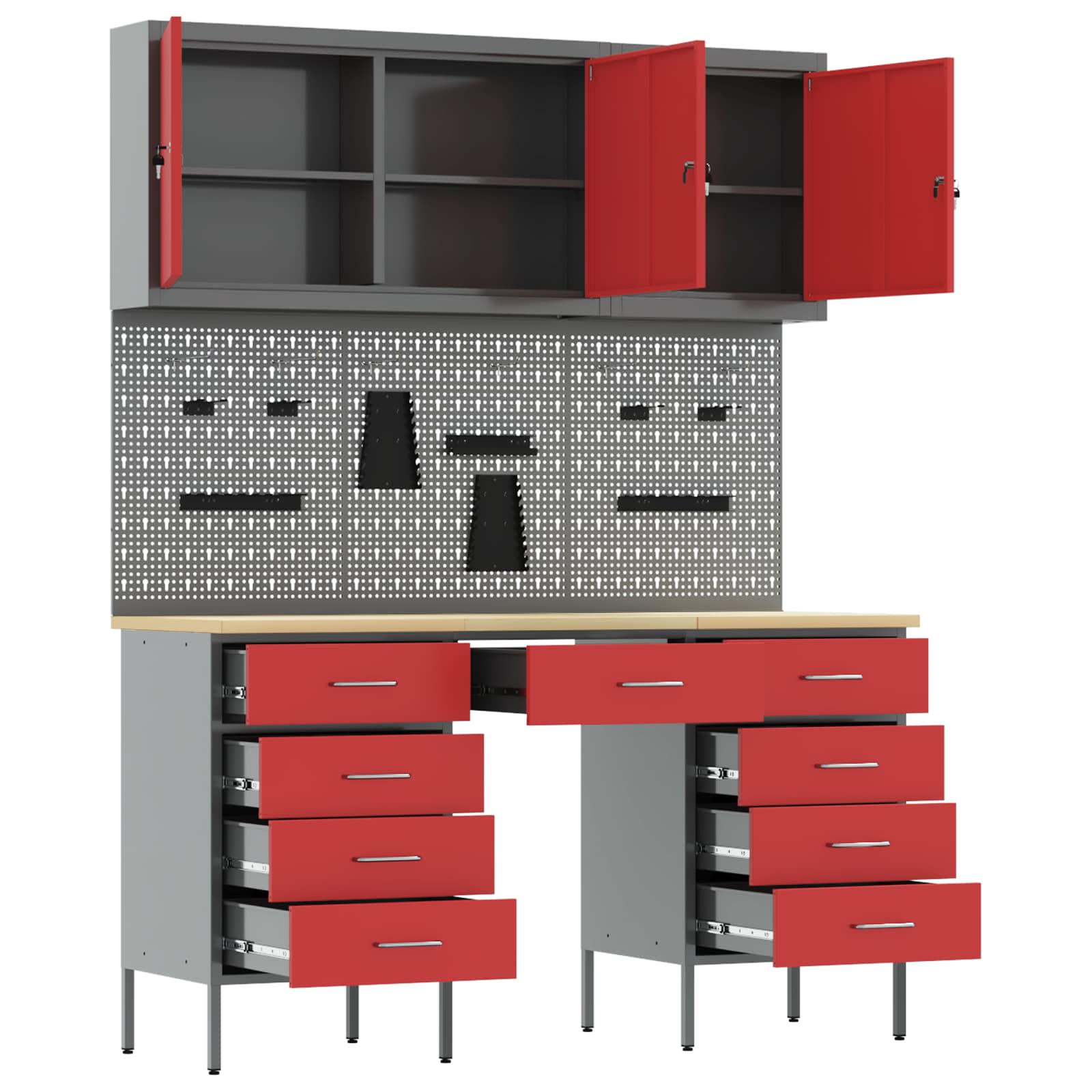 Werkbank 8 Stk. Rot und Grau Ingenieure Holz und Stahl