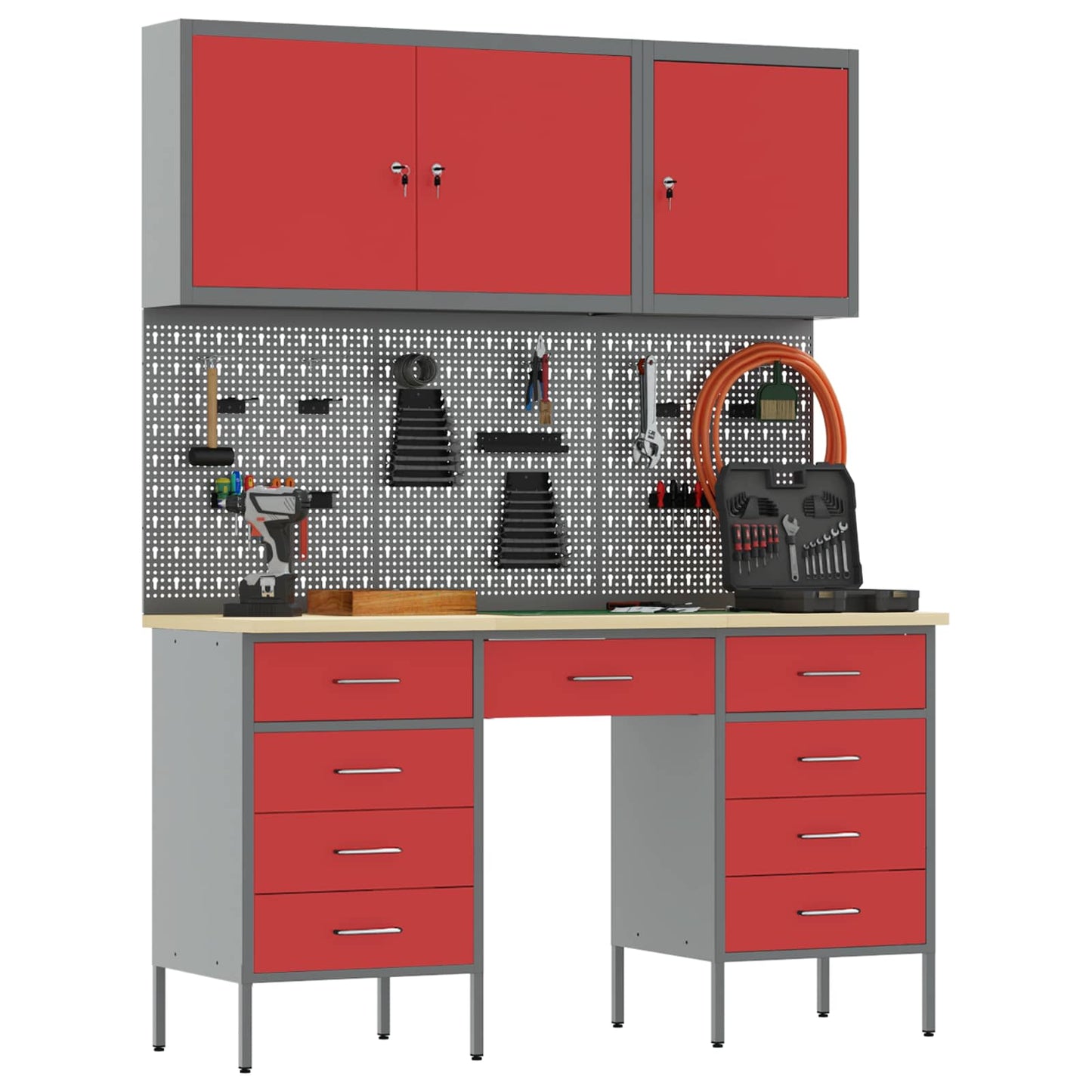 Werkbank 8 Stk. Rot und Grau Ingenieure Holz und Stahl
