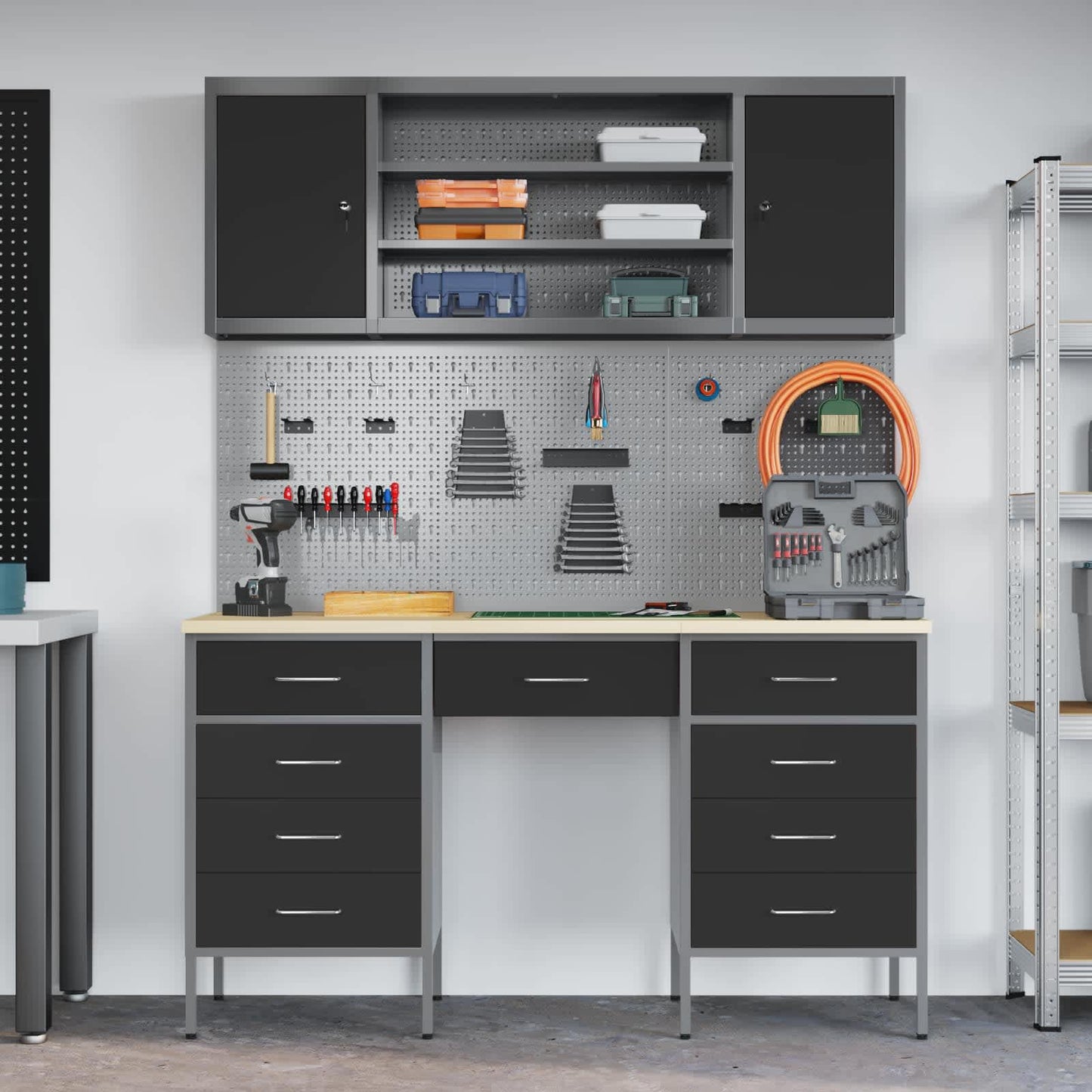 Werkbank mit Speicher 8 stk. Schwarz Ingenieure Holz und Stahl