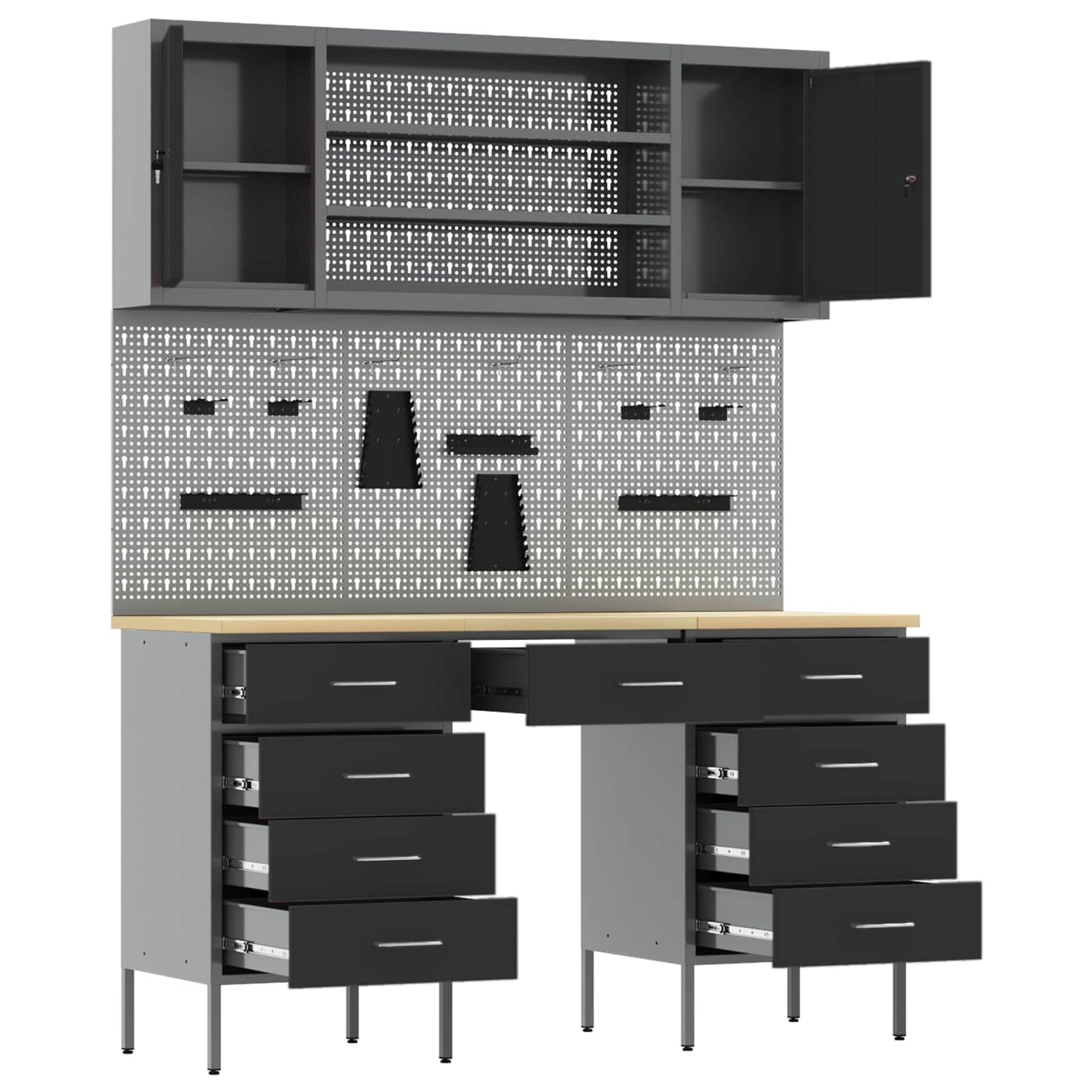 Werkbank mit Speicher 8 stk. Schwarz Ingenieure Holz und Stahl