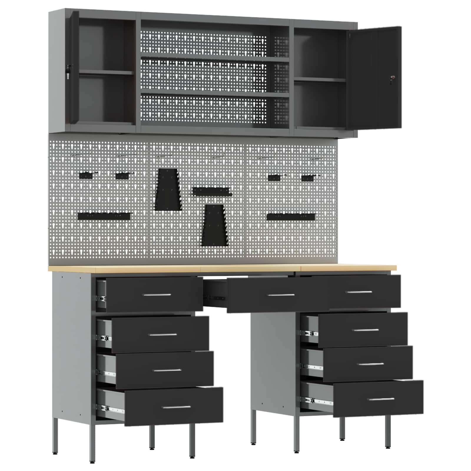 Werkbank mit Speicher 8 stk. Schwarz Ingenieure Holz und Stahl