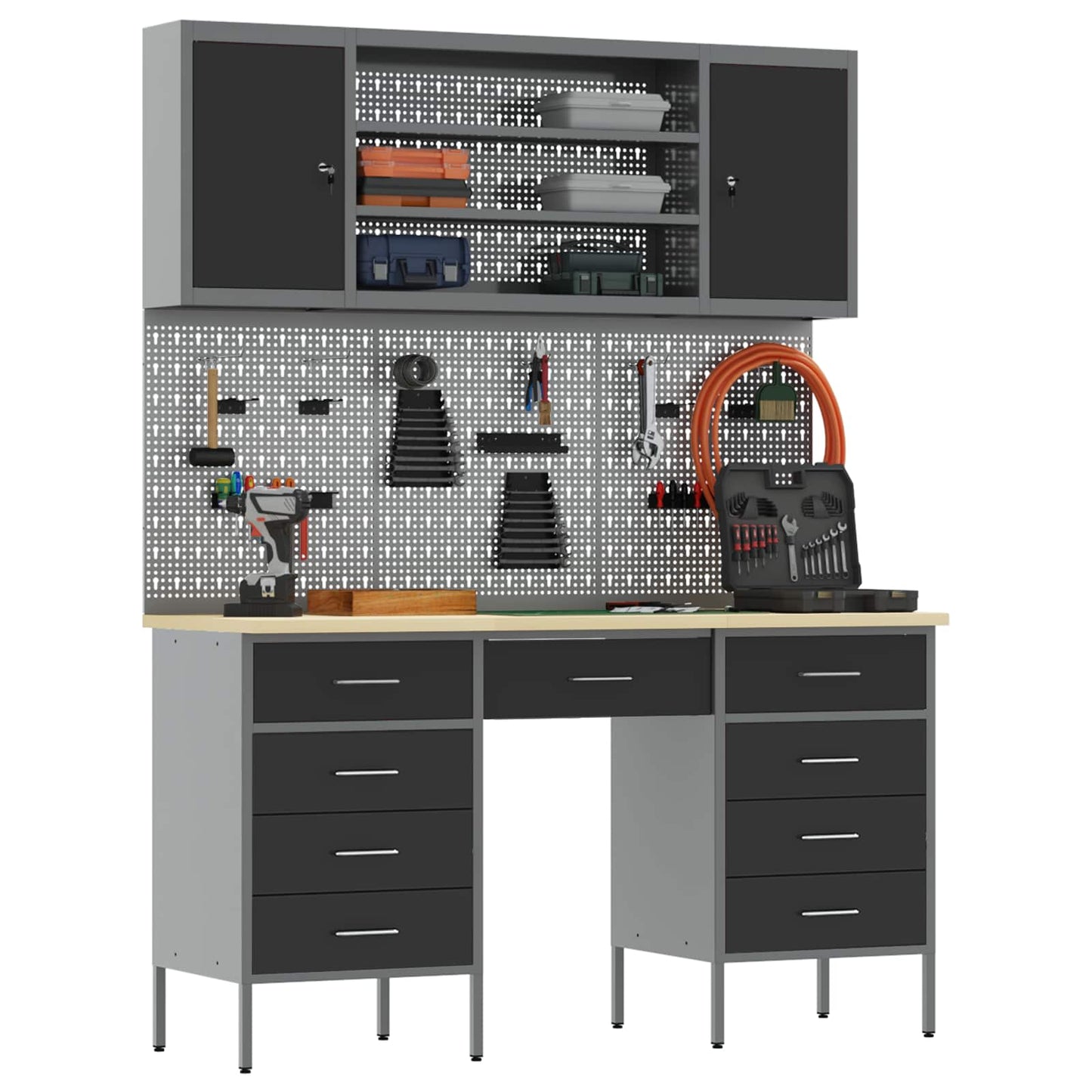 Werkbank mit Speicher 8 stk. Schwarz Ingenieure Holz und Stahl