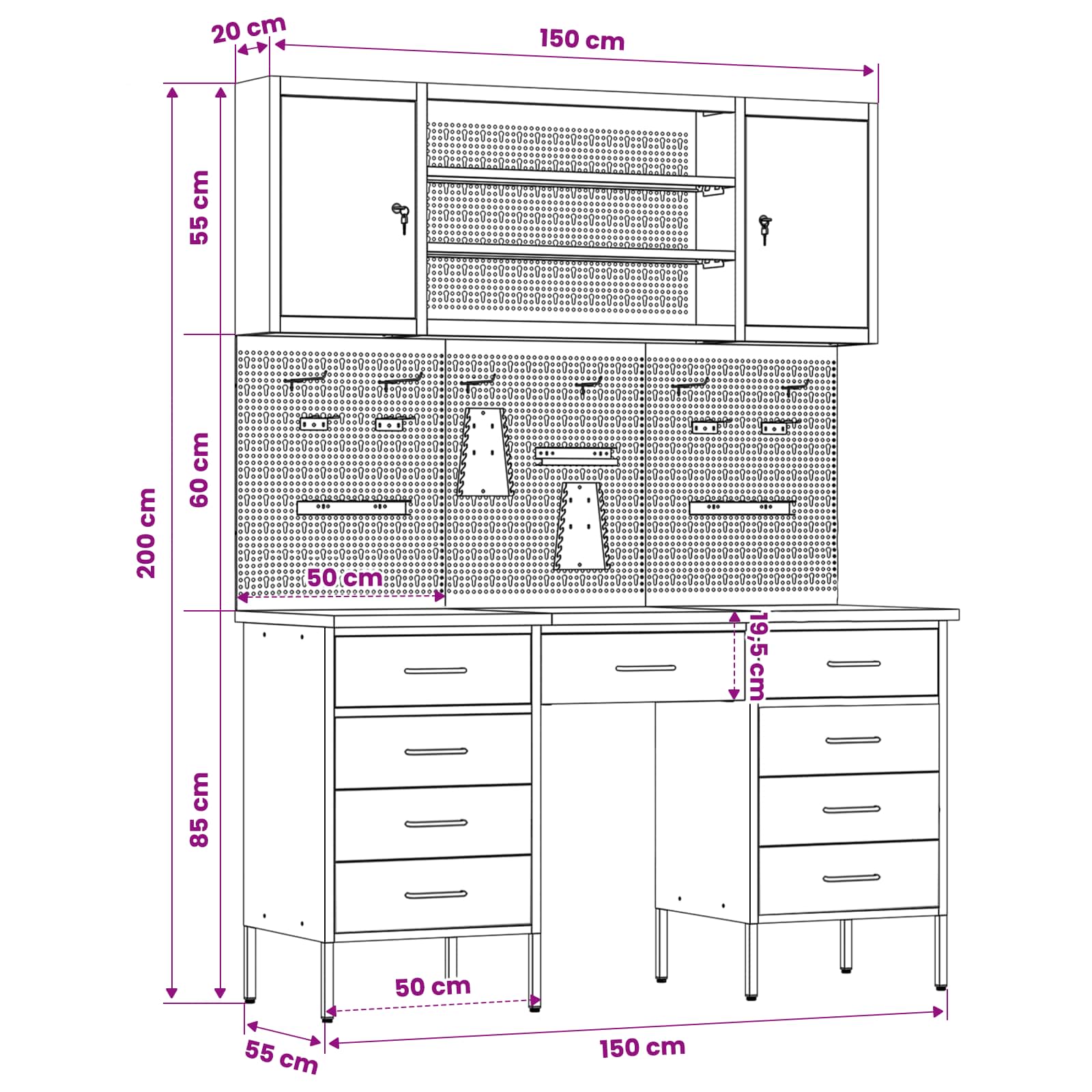 Werkbank mit Speicher 8 stk. Schwarz Ingenieure Holz und Stahl