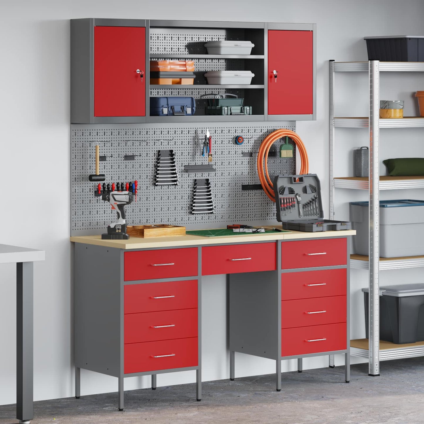 Werkbank mit Schubladen 8 stk. Rot Ingenieure Holz und Stahl