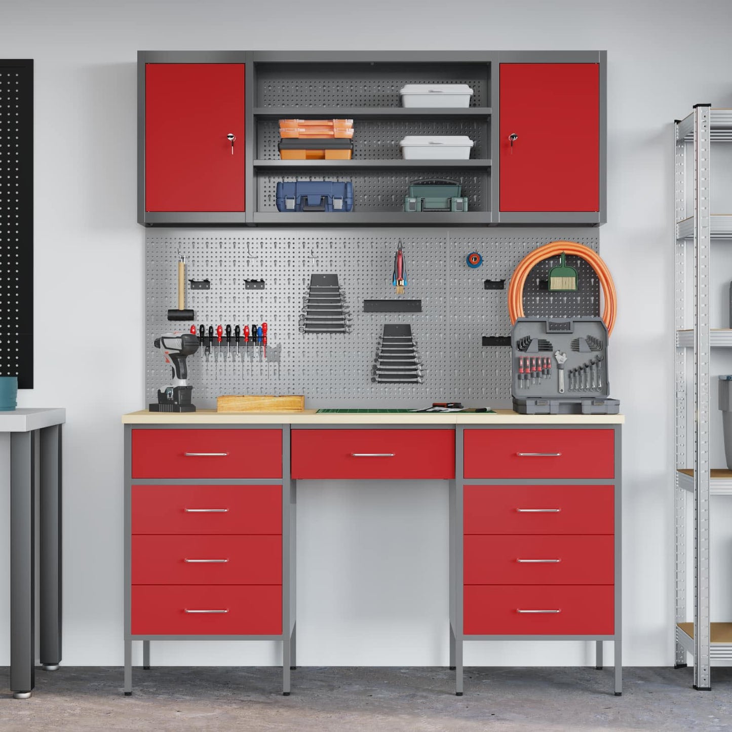 Werkbank mit Schubladen 8 stk. Rot Ingenieure Holz und Stahl