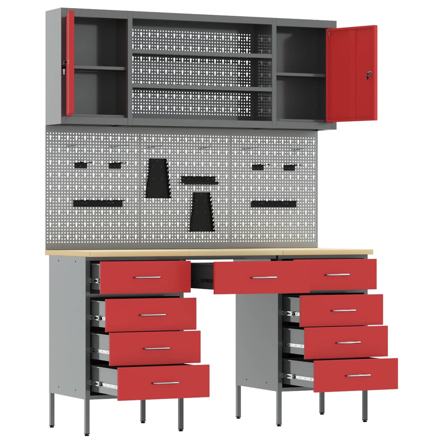 Werkbank mit Schubladen 8 stk. Rot Ingenieure Holz und Stahl
