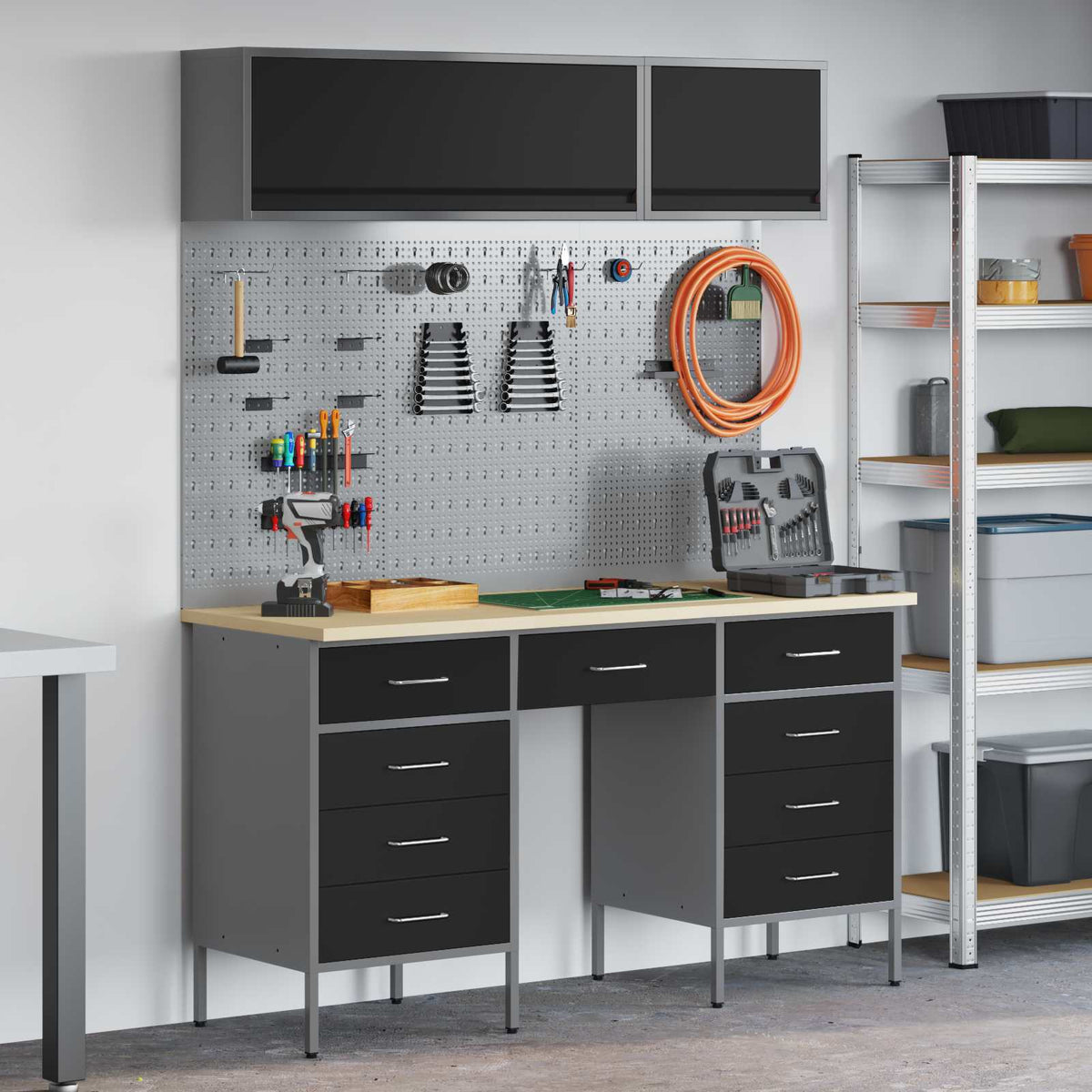 Arbeitsschrankset mit Schubladen mit Speicher 8 stk. Schwarz
