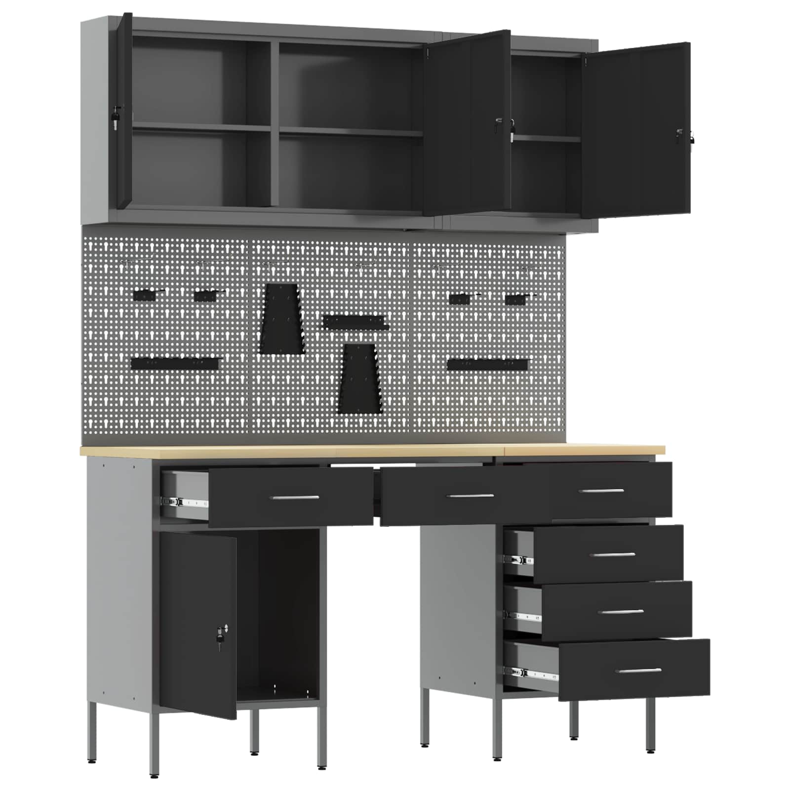Werkbank mit Speicher 8 stk. Schwarz Ingenieure Holz und Stahl
