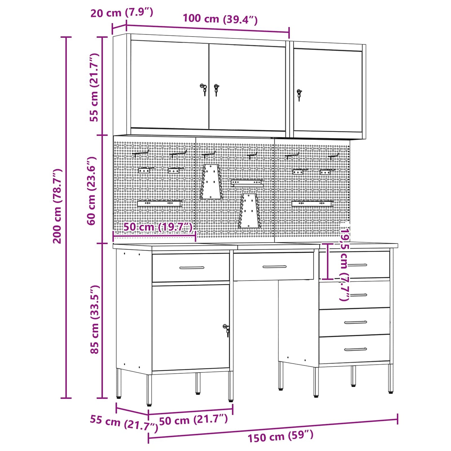 Werkbank mit Speicher 8 stk. Schwarz Ingenieure Holz und Stahl