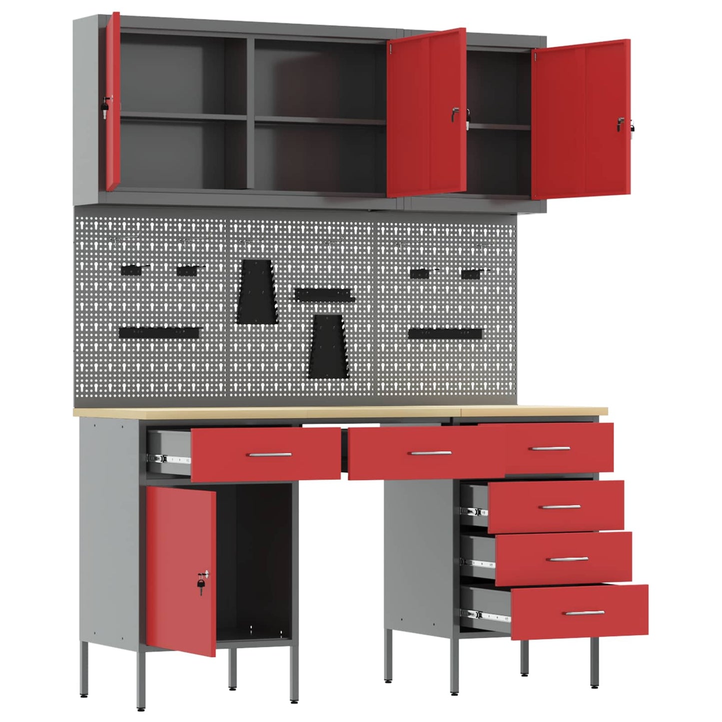 Werkbank 8 Stk. Rot und Grau Ingenieure Holz und Stahl