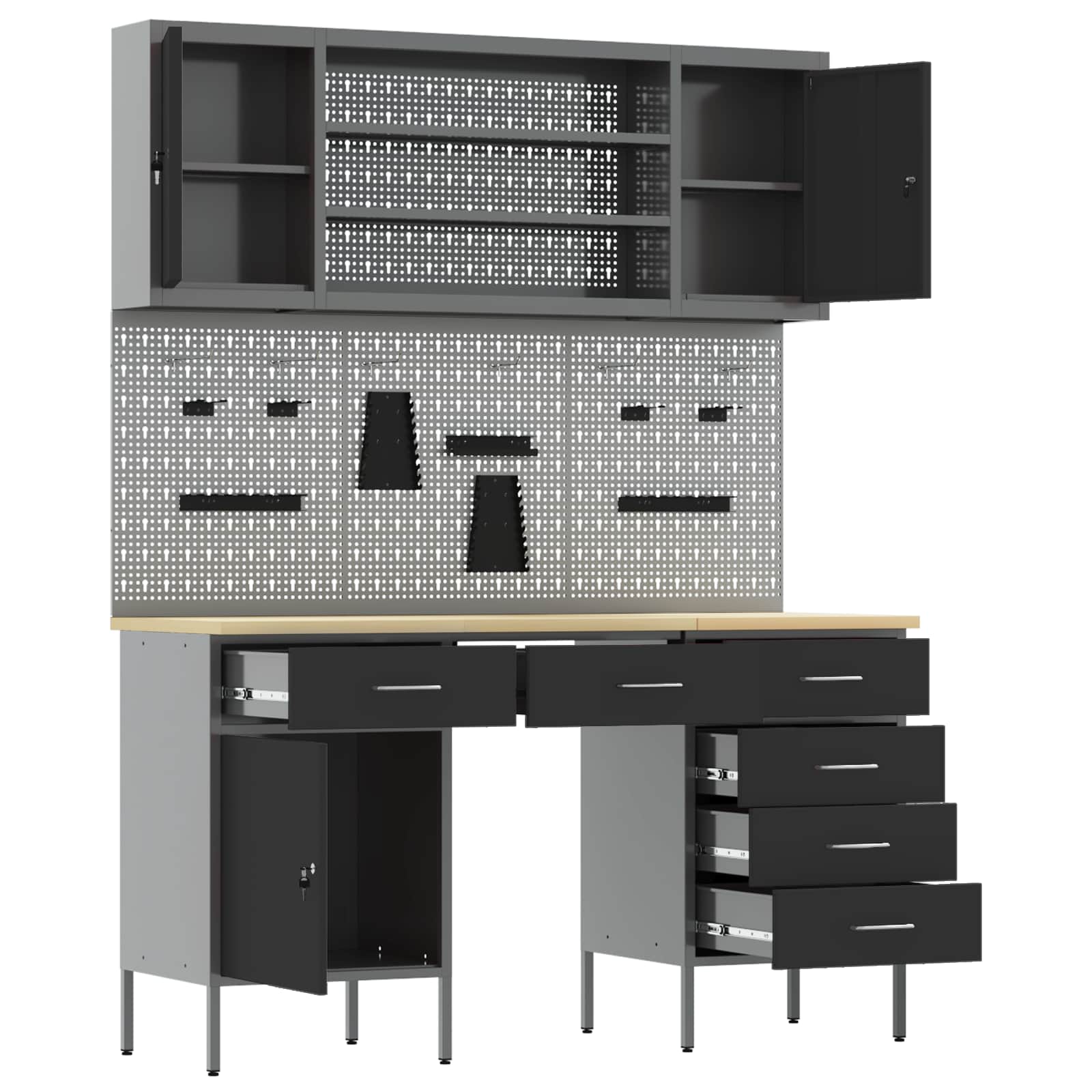 Werkbank mit Speicher 8 stk. Schwarz Ingenieure Holz und Stahl