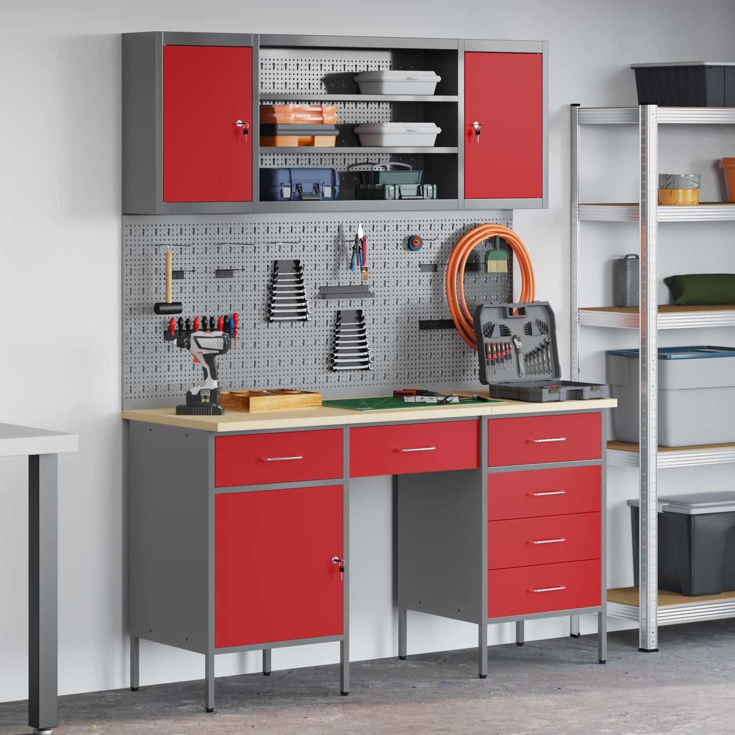 Werkbank mit Schubladen 8 stk. Rot Ingenieure Holz und Stahl