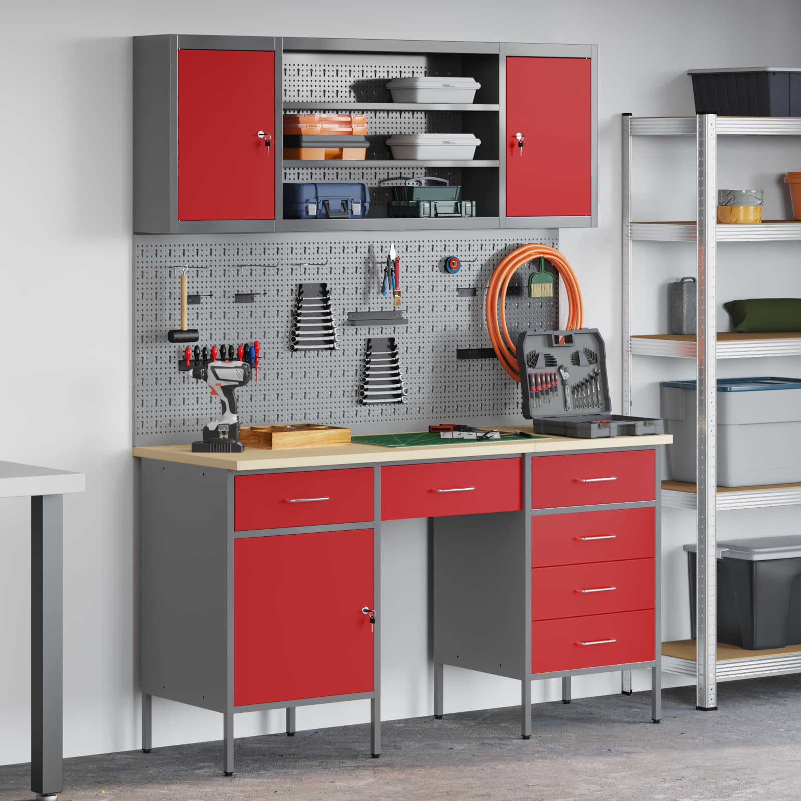 Werkbank mit Schubladen 8 stk. Rot Ingenieure Holz und Stahl