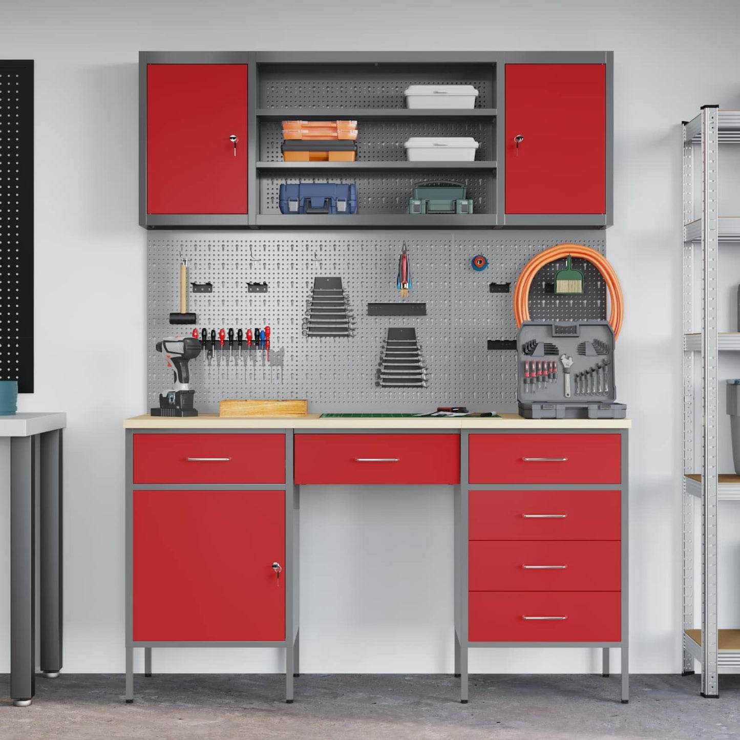 Werkbank mit Schubladen 8 stk. Rot Ingenieure Holz und Stahl