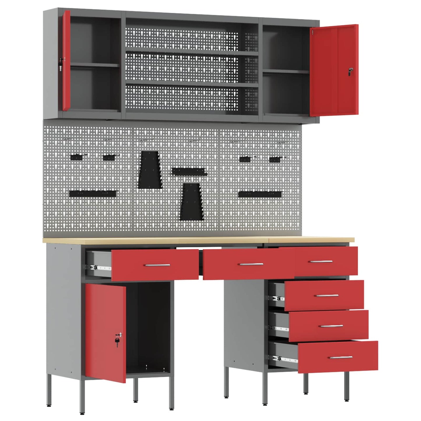 Werkbank mit Schubladen 8 stk. Rot Ingenieure Holz und Stahl