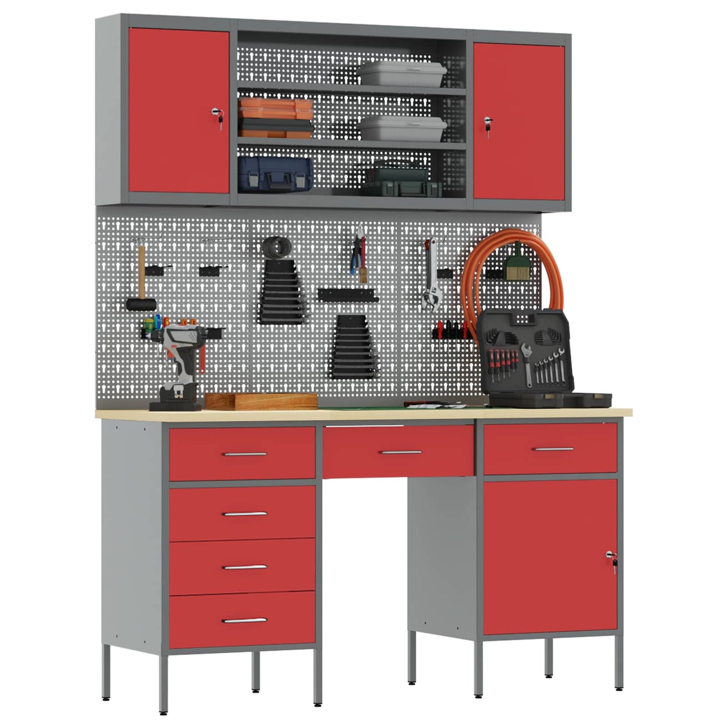 Werkbank mit Schubladen 8 stk. Rot Ingenieure Holz und Stahl