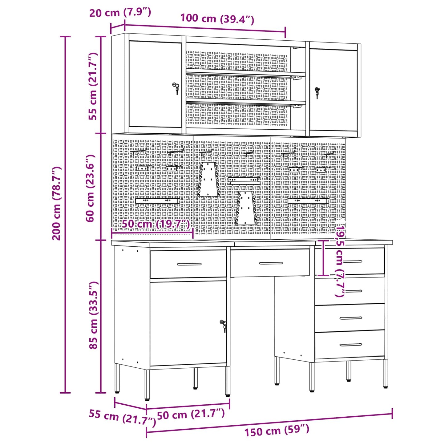 Werkbank mit Schubladen 8 stk. Rot Ingenieure Holz und Stahl